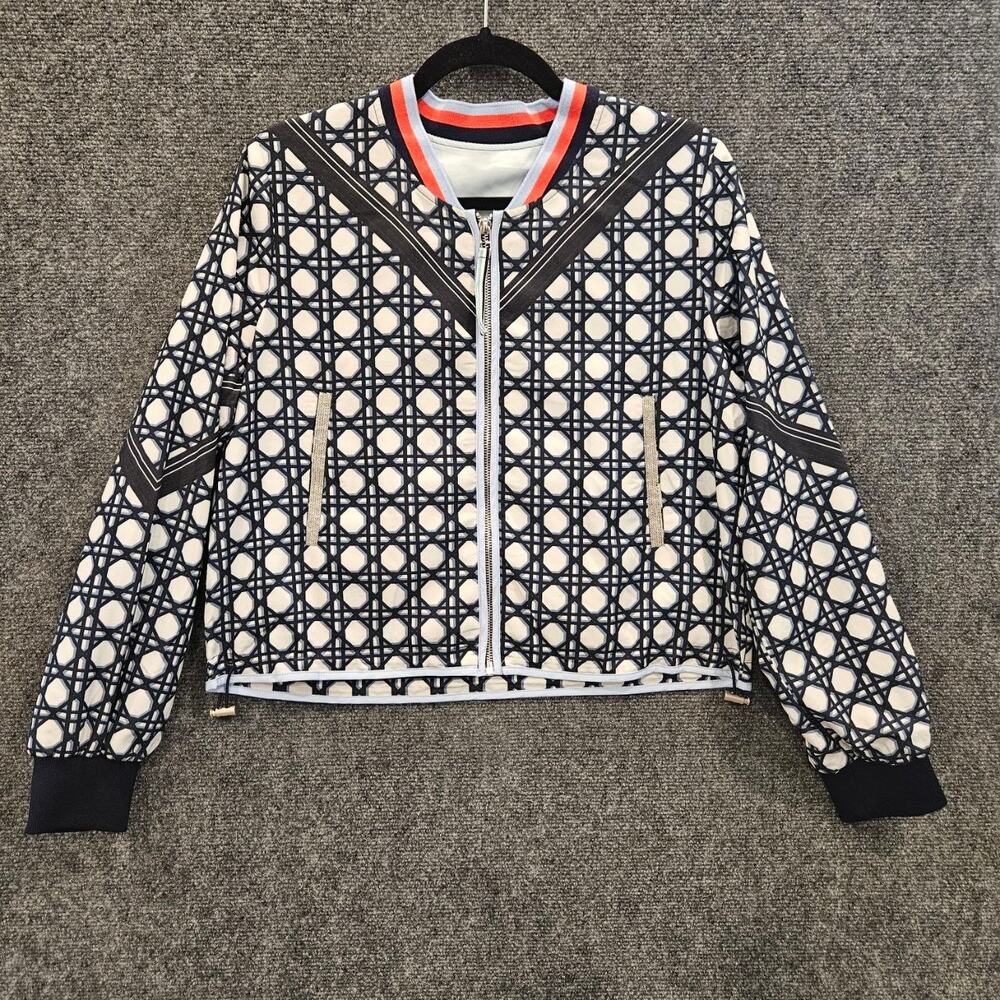 Geometric Print Cropped Bomber Jacket Zip Front Dark Blue Ivory Size M
